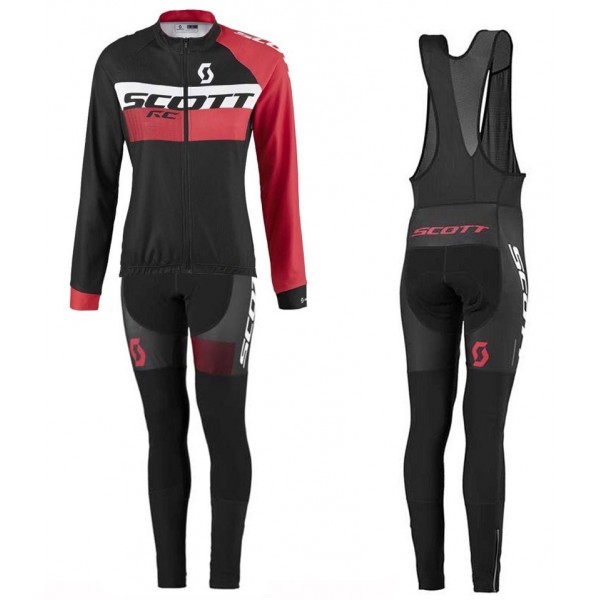 2016 Scott RC Schwarz-Rot Damen Fahrradbekleidung Satz Radtrikot Langarm+Lang Trägerhose LEBE437